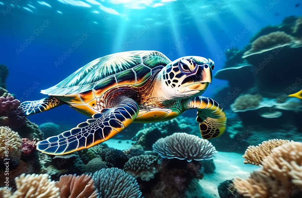 sea turtle swims underwater among the corals sea turtle swims underwater among the corals