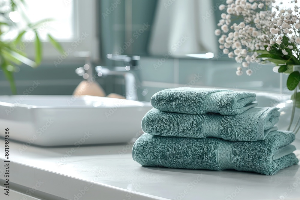 Stack of white towels in bathroom, closeup. with copy space Stack of white towels in bathroom, closeup. with copy space