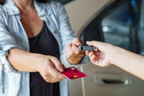 Woman in casual attire exchanges credit card for car keys, transaction occurring beside vehicle in auto repair shop. Service work in car repair and insurance shops