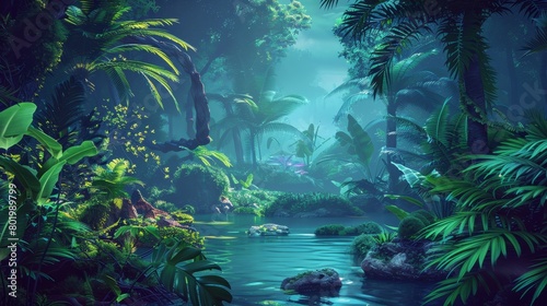 Imagination of a spooky green jungle forest background with palm trees and tropic lianas. Water with rock scene wallpaper for adventure games.