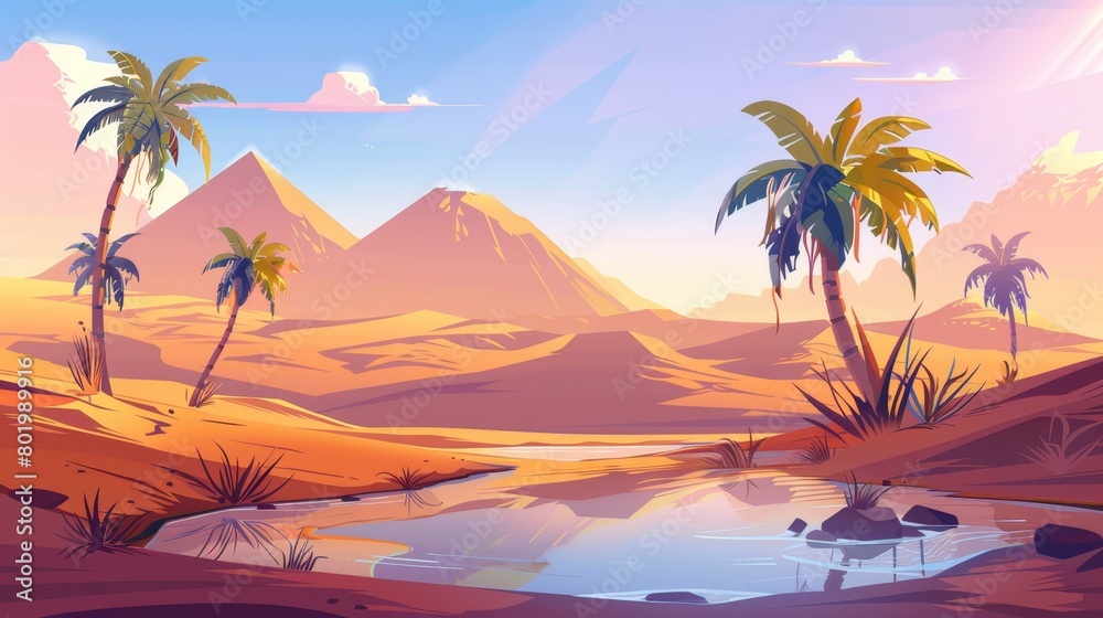 An oasis in the desert with ponds, palm trees, and clouds. Cartoon sahara backdrop with a lake, sand hills, and a drought environment. African mirage panorama illustration.