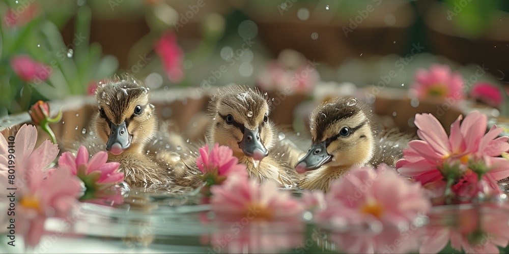 Φωτογραφία Adorable ducklings swim joyfully near blooming flowers in a picturesque pond scene