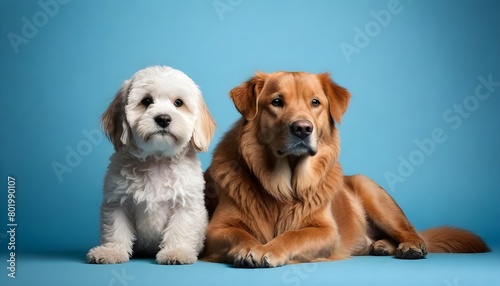  A white puppy and a golden Retriever dog sitting together on a blue background
