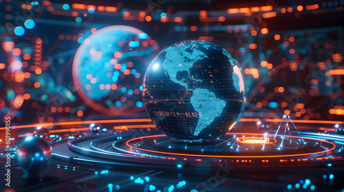 Globular earth made up of light dots on a dark background. Conceptual illustration for Earth Day. 3D sci-fi interface with holographic globe over dashboard. Holographic globe in technical computer