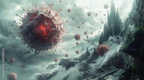 Digital Defender Combats Infectious Diseases with Cutting-Edge Technology in Surreal Landscapes