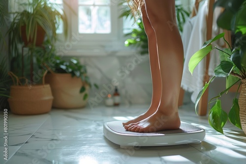 A lady stands barefoot on a bathroom scale, measuring weight as part of her fitness and wellness regimen. photo