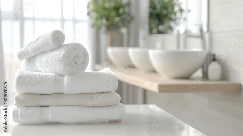 Stack of white towels in bathroom  closeup. with copy space