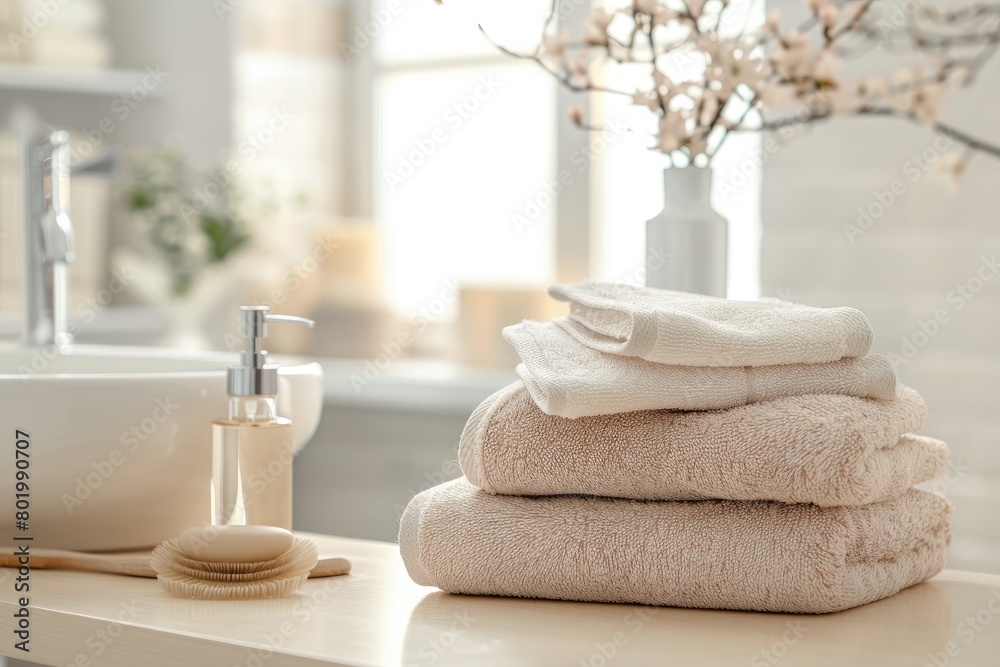 Stack of white towels in bathroom, closeup. with copy space Stack of white towels in bathroom, closeup. with copy space
