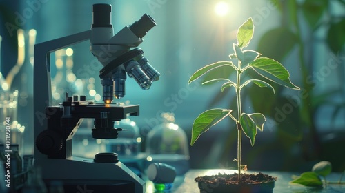 microscope and young plant in science test tube, biotechnology concept