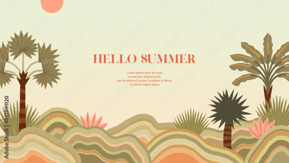 Hello summer, Tropical background with palms and sun. Exotic botanical design for hotel, spa, travel agency