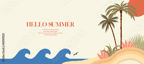 Tropical summer background with palms, waves and beach. Summer placard poster flyer invitation card. Hello summer