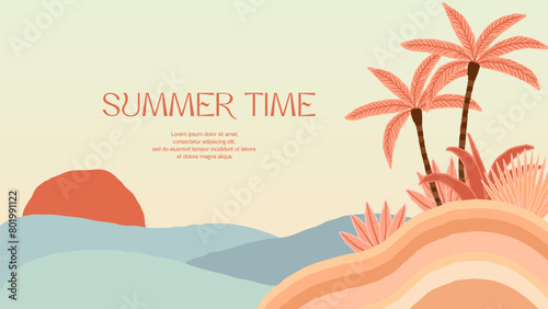 Summer tropical background with palms, sun and beach. Summer placard poster flyer invitation card. Summertime