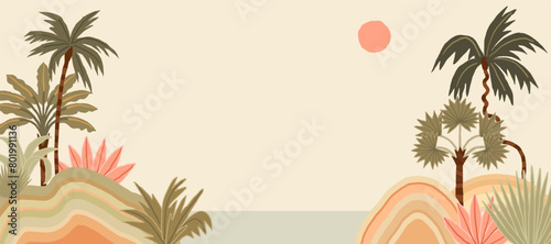 Summer tropical background with palms, coasts and beach. Abstract placard poster flyer vacation card