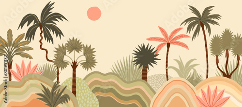 Summer tropical background with palms and sun. Exotic botanical design for hotel, spa, travel agency