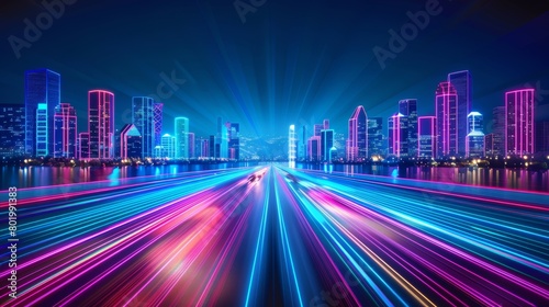 Abstract skyscraper cityscape with bright laser way. Power highway in metaverse landscape with fast energy trail view.