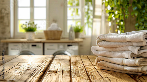 Modern laundry room interior. Empty wooden table with fluffy towels in home laundry, on blurred background of washing machine. Place to install products, conduct an advertising campaign. Copy space.