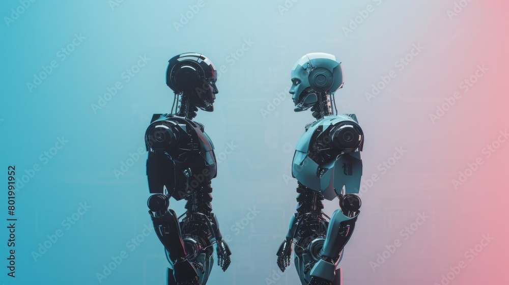 Two robots are standing next to each other, one is black and the other is white Two robots are standing next to each other, one is black and the other is white