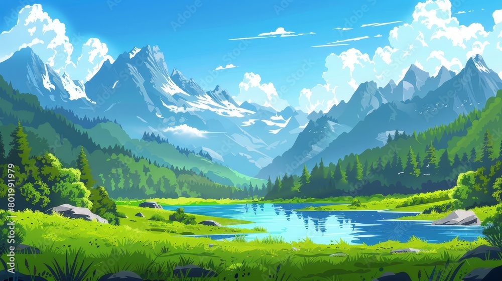 Obraz premium Nature modern landscape background. Mountain and forest. Beautiful peaceful summer valley wilderness environment. Clouds in sunny blue sky.