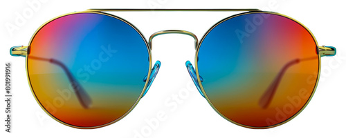 Classic aviator sunglasses with reflective multicolor lenses, cut out - stock png.