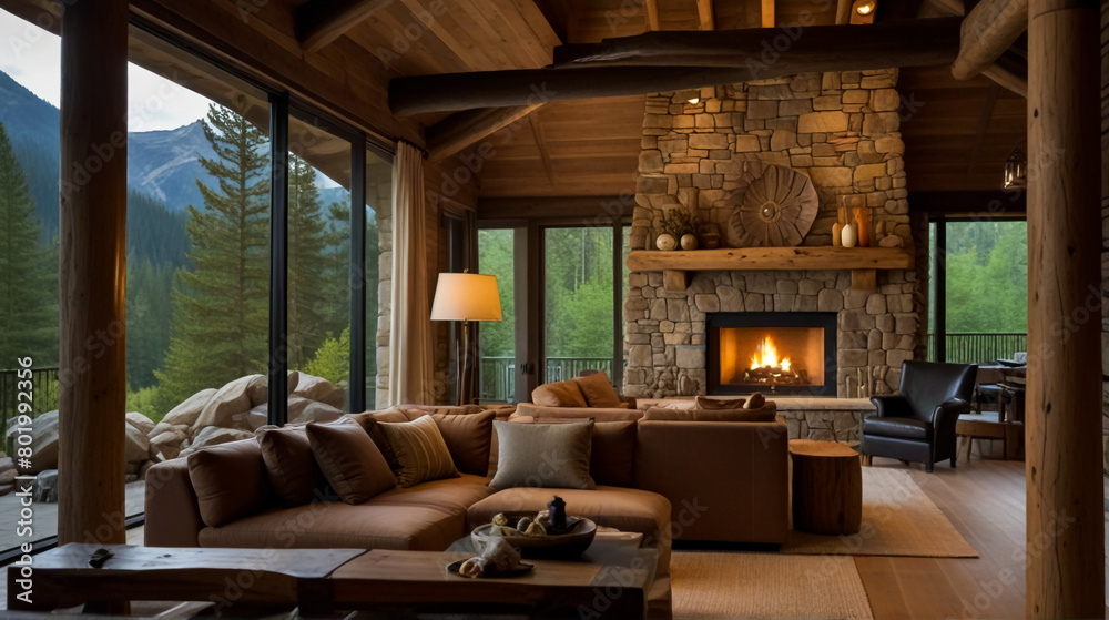 A beautiful living room made of wood on the mountain A beautiful living room made of wood on the mountain