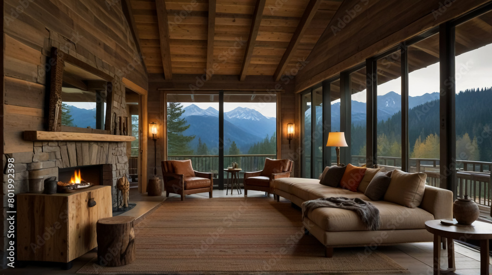 A beautiful living room made of wood on the mountain