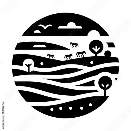 A Vector Icon Of A Savanna Landscape In A Black Monochrome Style, Isolated On A White Background. photo
