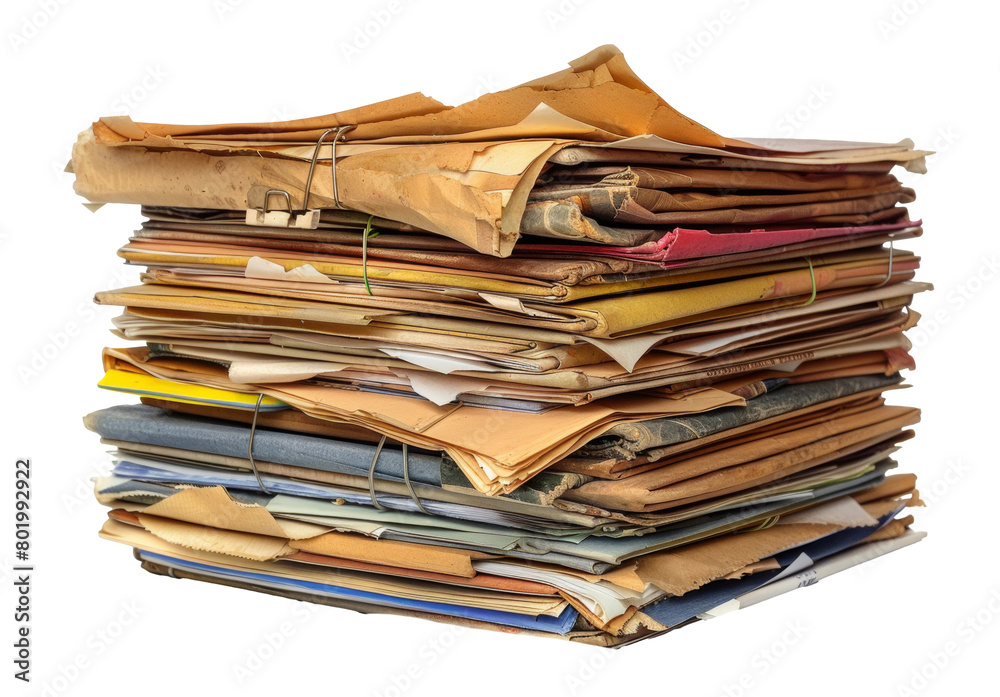 Stack of cluttered files and colorful paper, cut out - stock png. Stack of cluttered files and colorful paper, cut out - stock png.