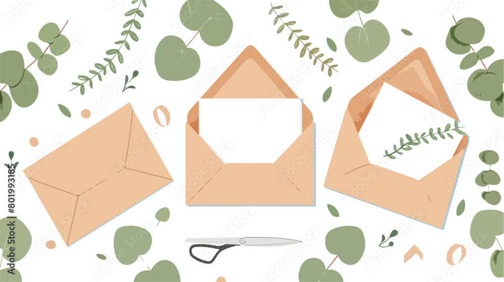 Envelopes with blank card eucalyptus branch and sciss