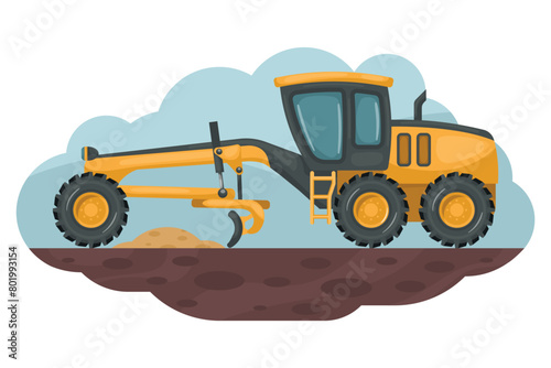 Cartoon of motor grader leveling the ground. Heavy machinery used in the construction and mining industry