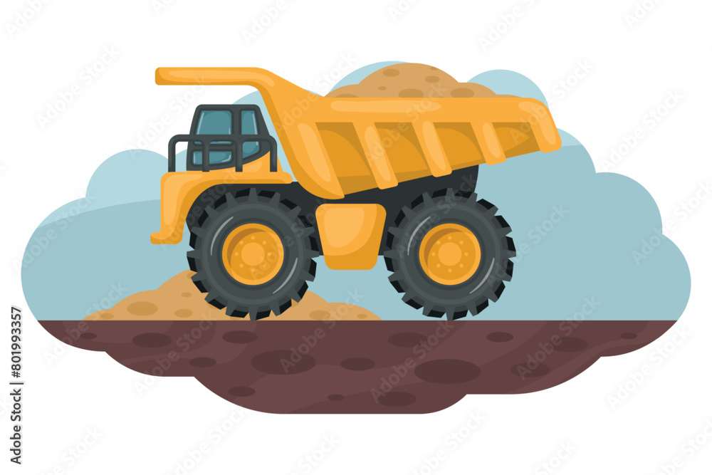 Cartoon of mining truck loading sand. Heavy machinery used in the construction and mining industry