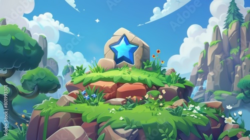 Interface indicator for select level. Isolated rock activation button item with blue star score and green grass. Mobile arcade videogame assets for selection template kit. photo