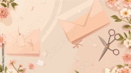 Envelopes with tag flowers and scissors on light background