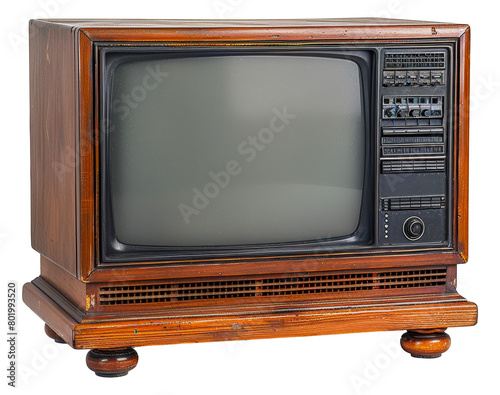 Retro television set with wooden frame, cut out - stock png.
