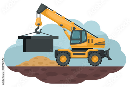 Cartoon of wheel telescopic crane moving a heavy iron. Heavy machinery used in the construction and mining industry