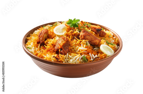 Biryani with delicious meat garnished with fresh parsley in a white bowl. Generative AI