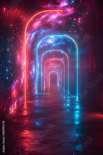 Futuristic Neon Lit Geometric Corridor with Glowing Shapes Arranged in a Mesmerizing Grid Pattern