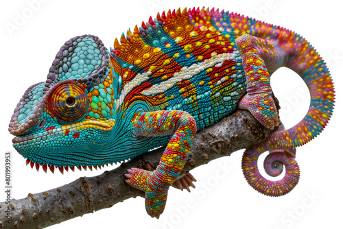 Colorful chameleon on branch, cut out - stock png. © Mr. Stocker