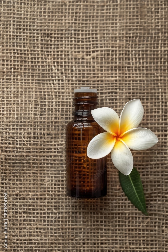 frangipani essential oil on burlap background frangipani essential oil on burlap background