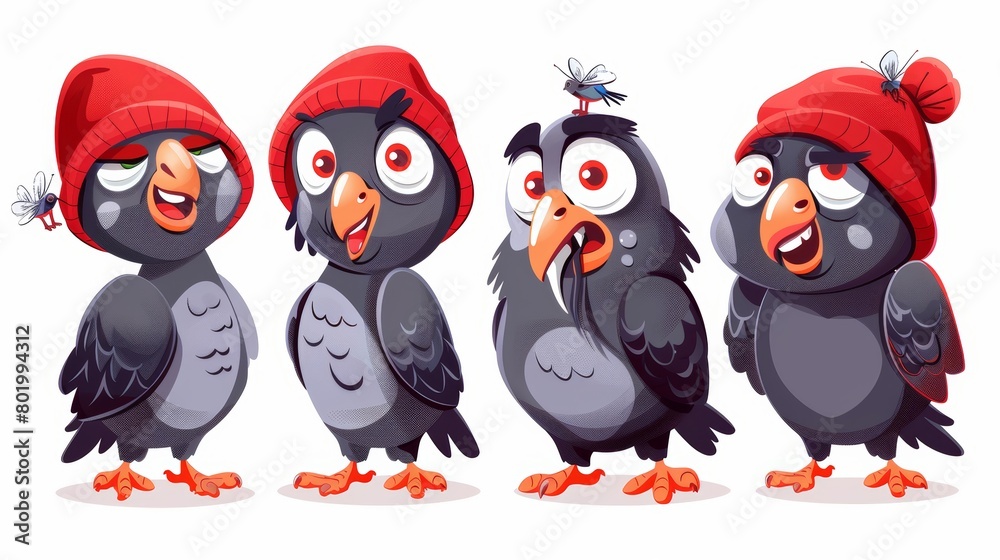 A cute pigeon mascot set including different emotions isolated on a white background. Cartoon illustration of a funny bird, catching flies, angry with rain, happy, and fearful of water. A cute pigeon mascot set including different emotions isolated on a white background. Cartoon illustration of a funny bird, catching flies, angry with rain, happy, and fearful of water.
