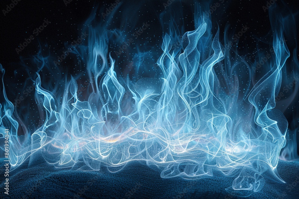 A digital blueprint of flames, crafted from luminous neon blue lines, dances across a dark, isolated space. A digital blueprint of flames, crafted from luminous neon blue lines, dances across a dark, isolated space.