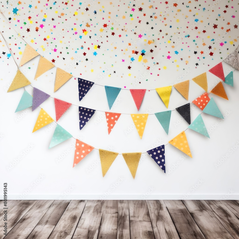 Obraz premium A festive room with colorful bunting flags and a confetti-studded wall