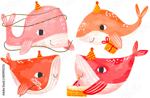 Set of pink whale in a festive cap with a cake and gifts. Fish celebrates his birthday. Deep underwater. Oceania. Children's hand drawn cartoon illustration on isolated background