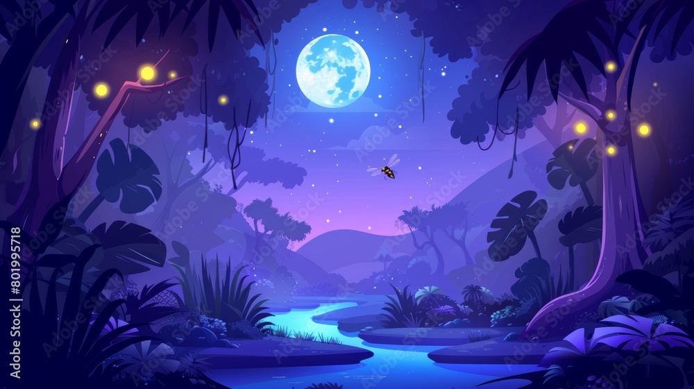Forest trees in darkness with a firefly, a toucan, and an vine above the moonlight in the jungle at night. Glowworm light halloween background with woods scene.