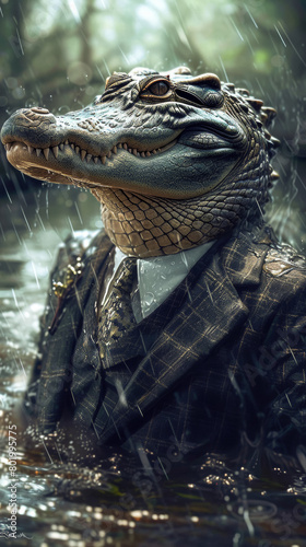 Couture crocodile in a tailored suit  accessorized with a silk tie