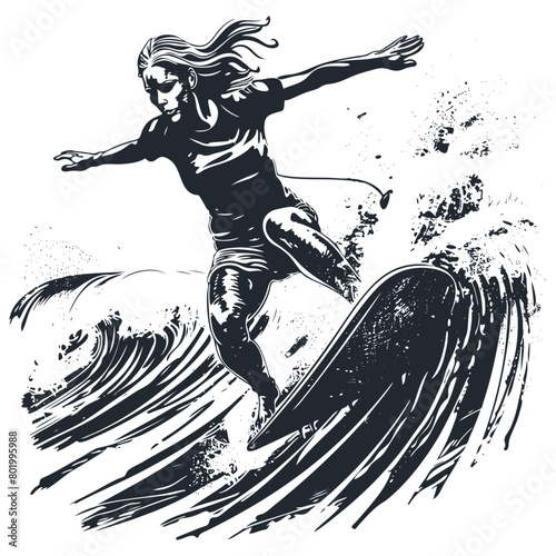 Surfing Logo Design. Woman surfer and wave. Vector Illustration.