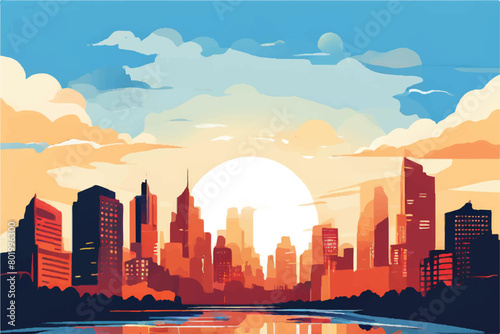 Illustration of the City Skyline at Sunset. cityscape. City skyscrapers, skyscraper modern architecture, sunset cityscape, vector illustration background design.