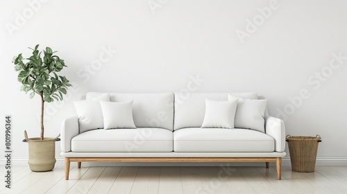 Frame mockup, simple and modern white sofa home interior design background, wall poster frame mockup, 3d render © woojooo