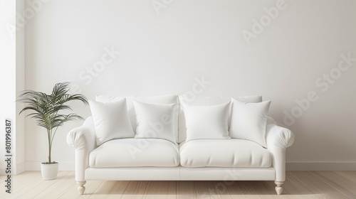 Frame mockup, simple and modern white sofa home interior design background, wall poster frame mockup, 3d render © woojooo