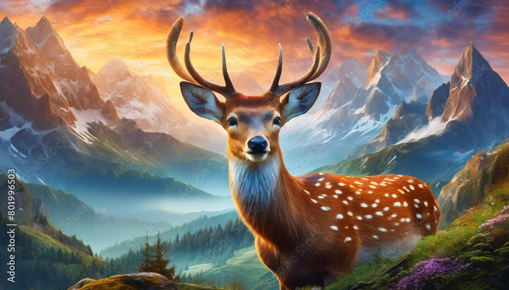 Fototapeta premium A deer is standing in front of a river with pink flowers in the background