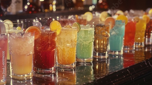 An array of colorful and artistically presented nonalcoholic drinks lined up on a counter.